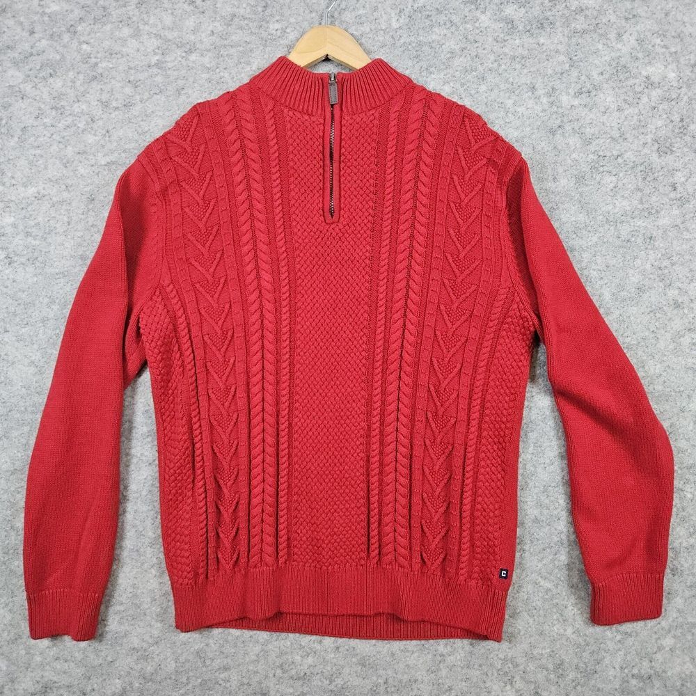 Chaps Men's 1/4 Quarter Zip Cable Knit Sweater‎ Size L Red 100% Cotton Christmas